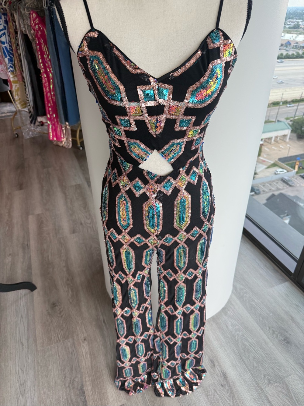 Privy Black Iridescent Sequin Jumpsuit Size Medium